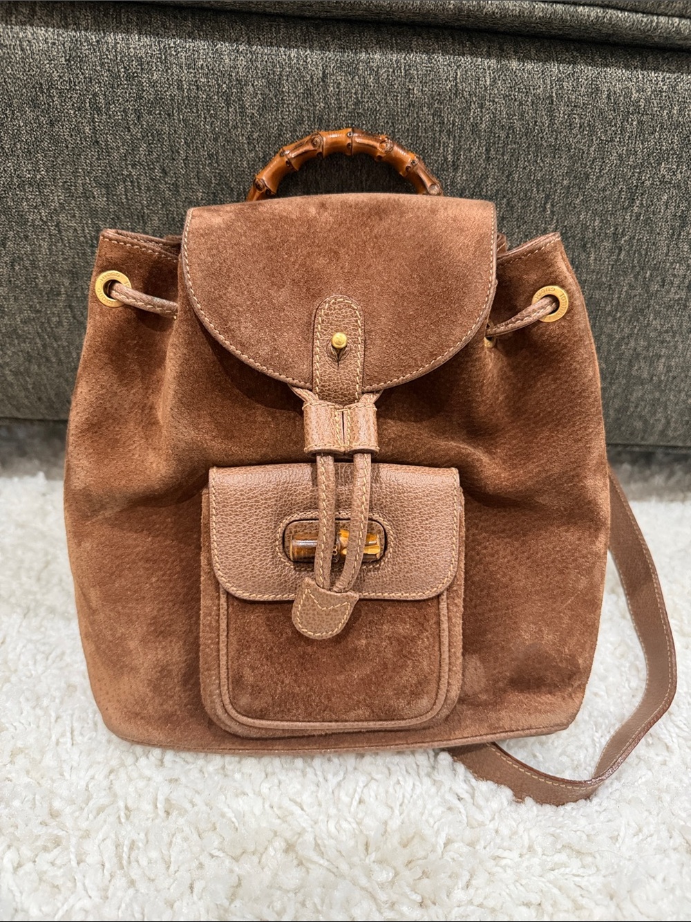 Gucci Brown Suede Bamboo-Handle Drawstring Mini Backpack